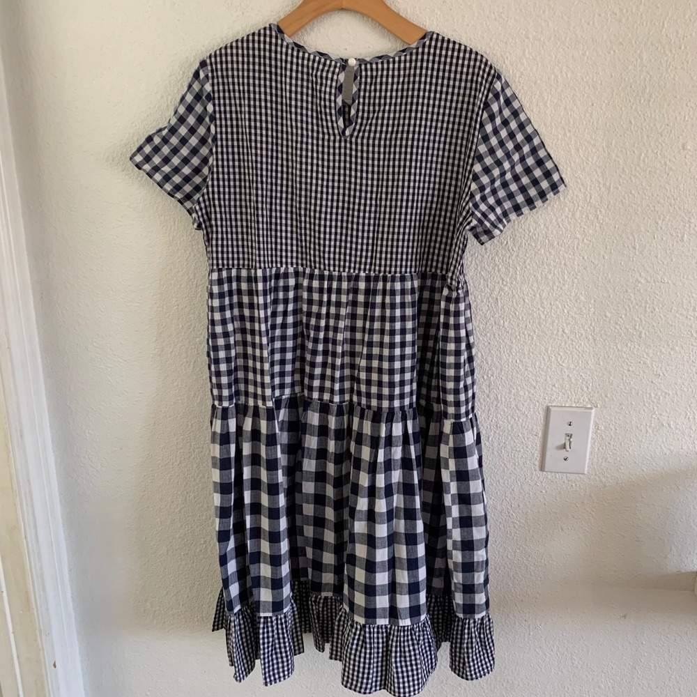 Country Store Navy Blue Gingham Tiered Babydoll Dress Cotton Mixed Check Midi - Picture 2 of 8